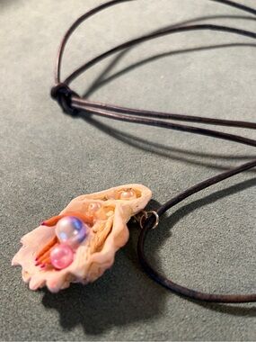 Shell Pendant Necklace with Faux Pearls on Cord